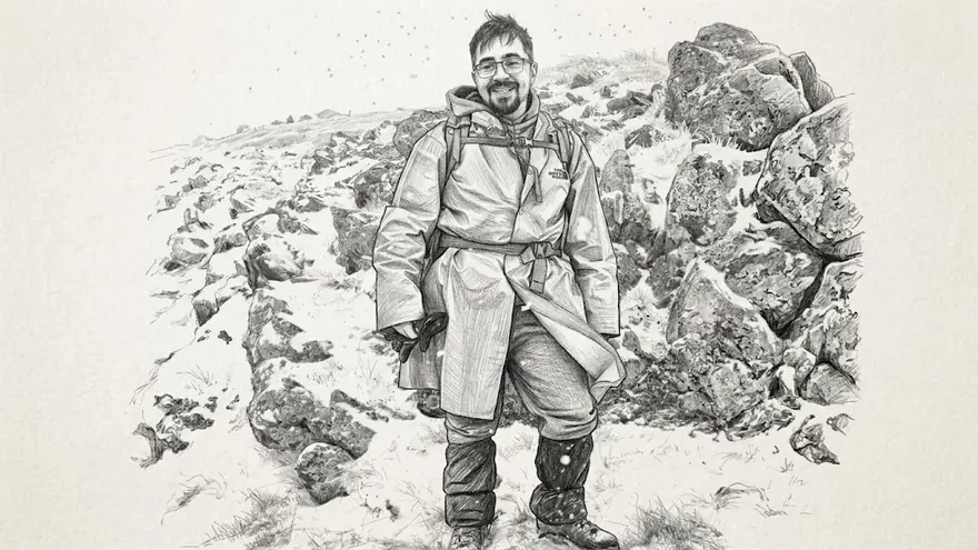 Pencil sketch of İlter Engin Kızılgün hiking in the snow