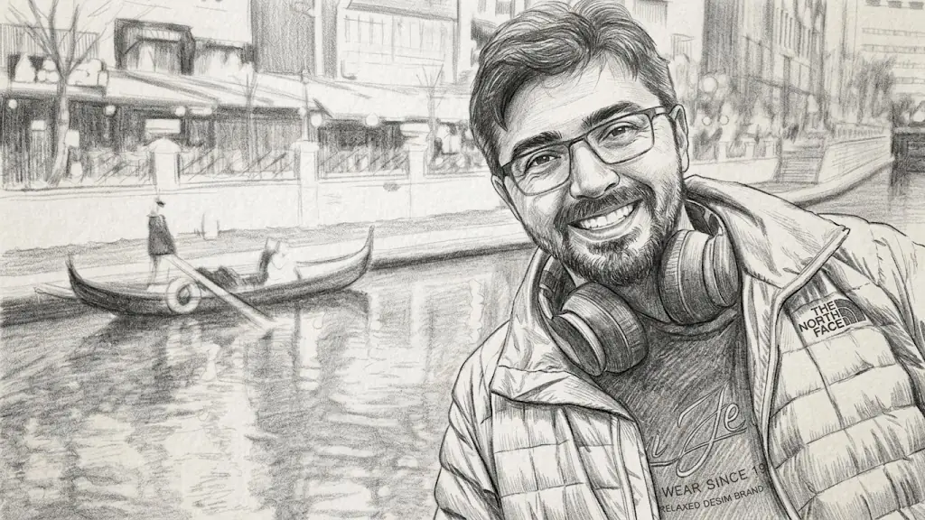 Pencil sketch portrait of İlter Engin Kızılgün by the Porsuk canal in Eskişehir